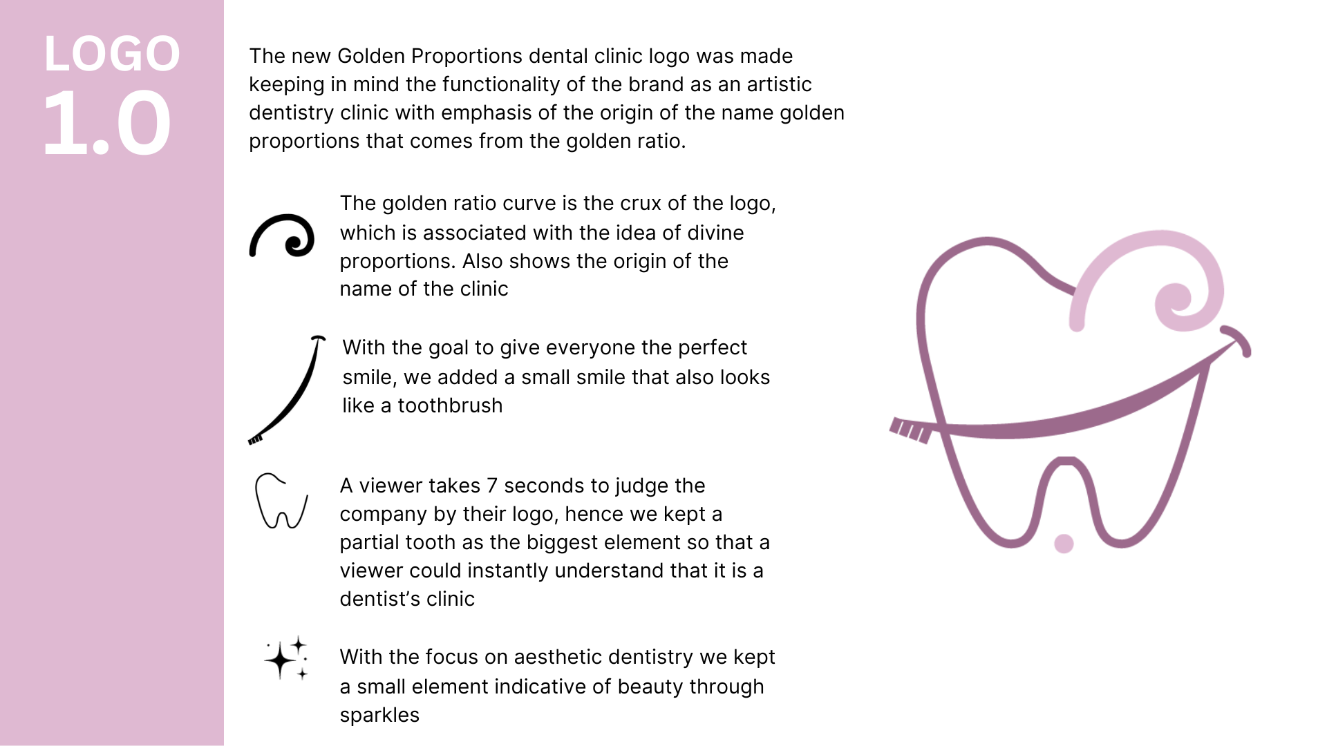 Golden Proportions logo concept: the golden ratio curve, smile and sparkle